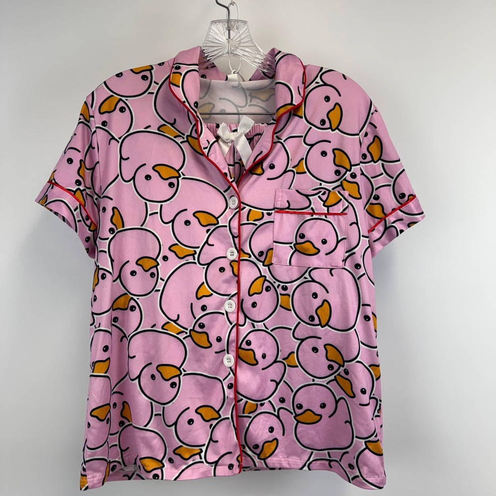Pink Rubber Ducky Print Pajama Set Short Sleeve Button Down Top and Shorts Small
